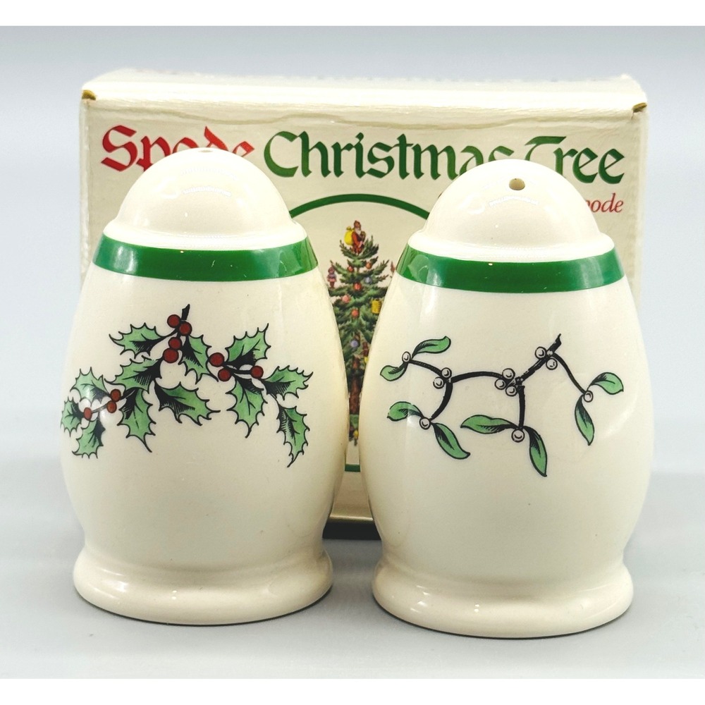 Spode Christmas Tree Salt Pepper Shakers Holly Mistletoe Set 3 inch